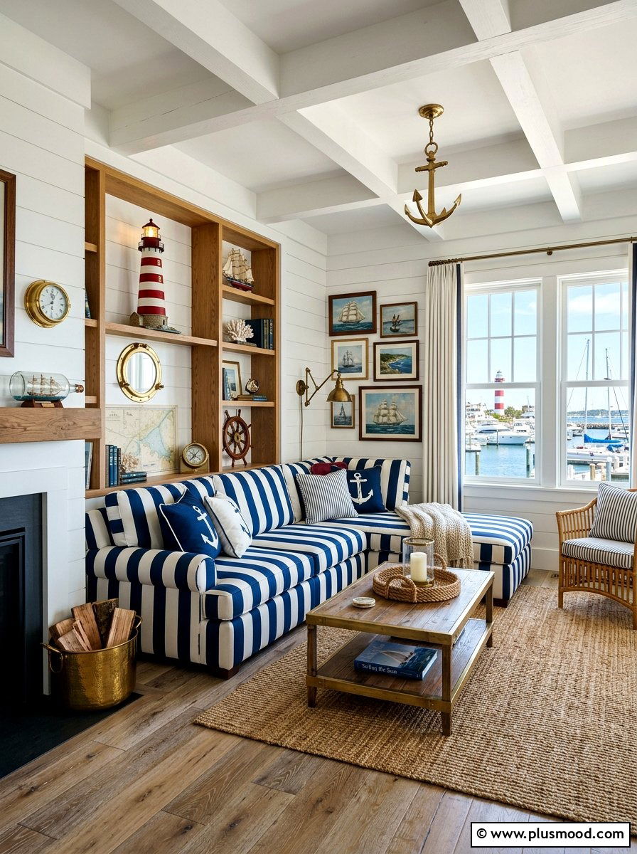Navy Blue Striped Sofa - 25 summer sofa styling ideas