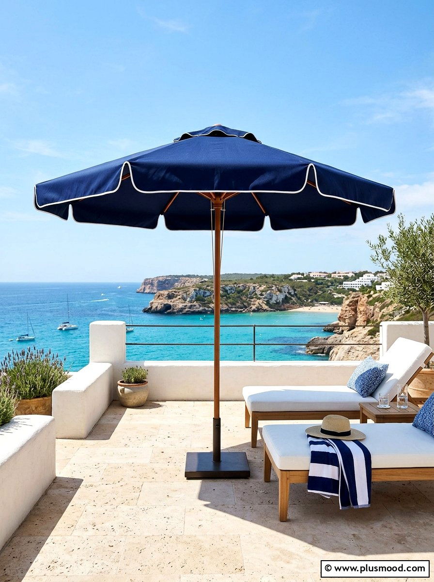 Navy Blue Umbrella - 25 summer poolside umbrella ideas
