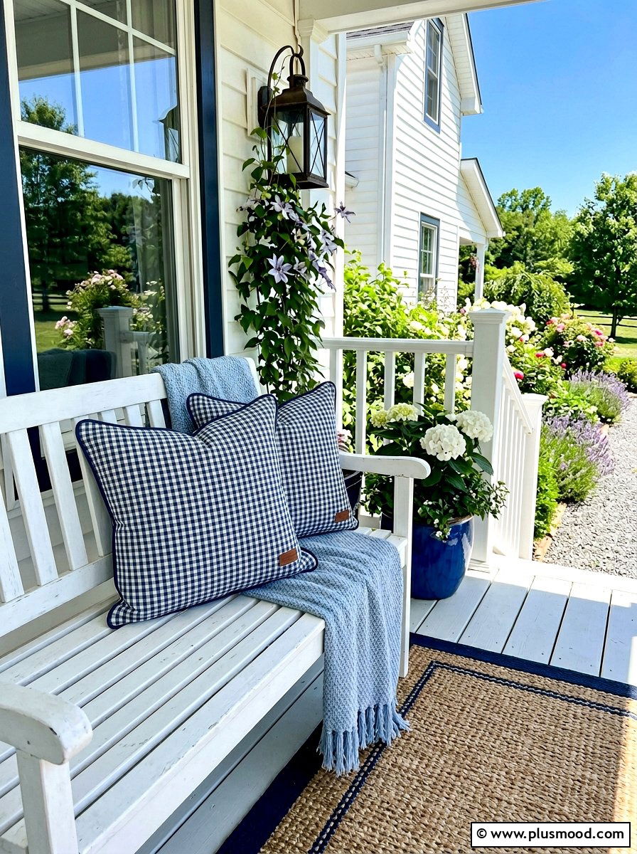 Navy White Gingham Porch Pillows - 25 summer front porch decor ideas with blue and white