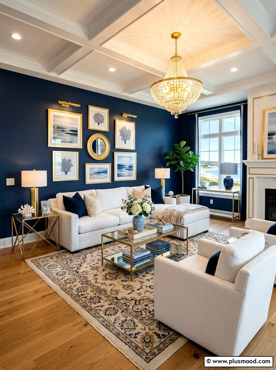 Navy and gold coastal living room - 25 summer coastal living room ideas