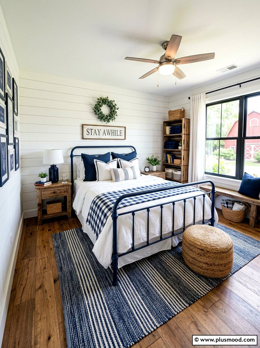 Navy and white farmhouse bedroom - 25 summer white and blue bedroom ideas