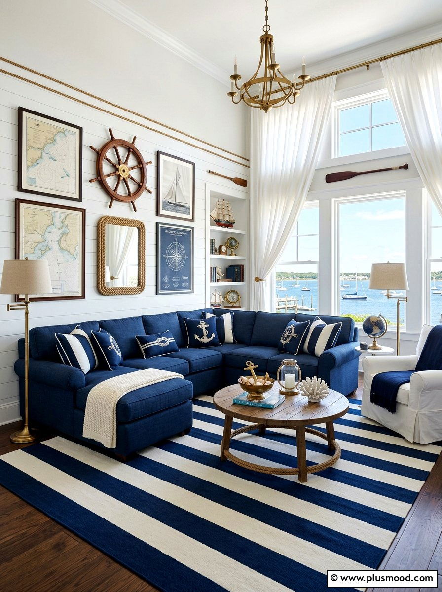 Navy and white nautical living room - 25 blue summer living room ideas