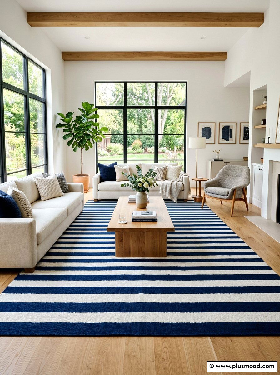 Navy and white striped rug - 25 summer decor ideas with blue and white