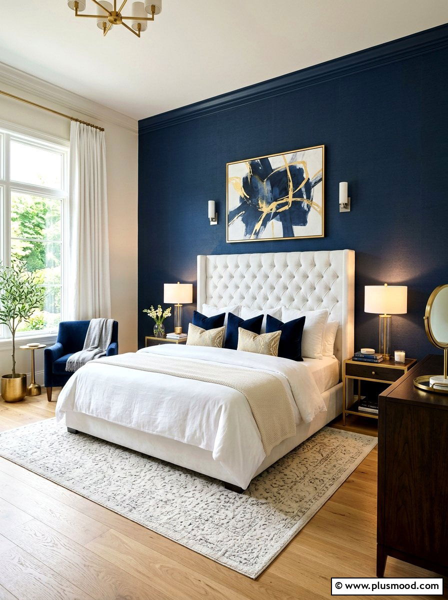 Navy blue accent wall - 25 summer white and blue bedroom ideas