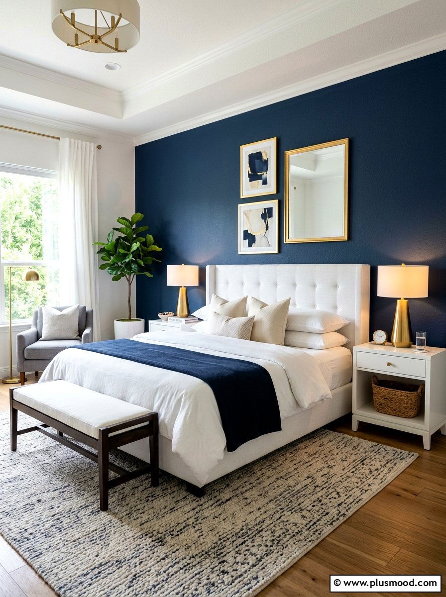 Navy blue accent wall - 25 summer decor ideas with blue and white