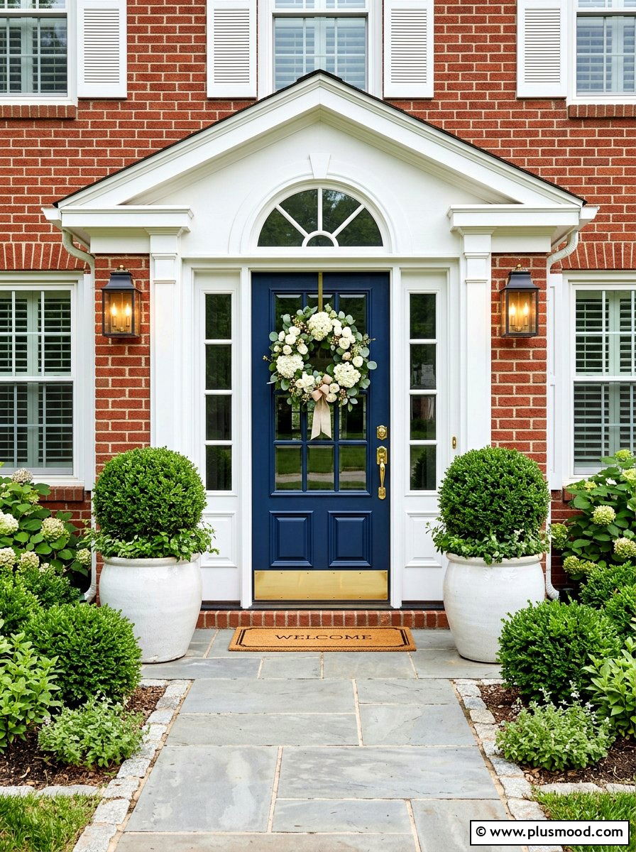 Navy blue front door for brick house - 25 summer front porch decor ideas for brick house