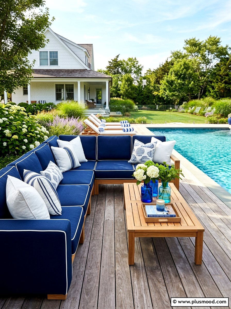 Navy blue outdoor sectional sofa - 25 summer white and blue pool decor ideas