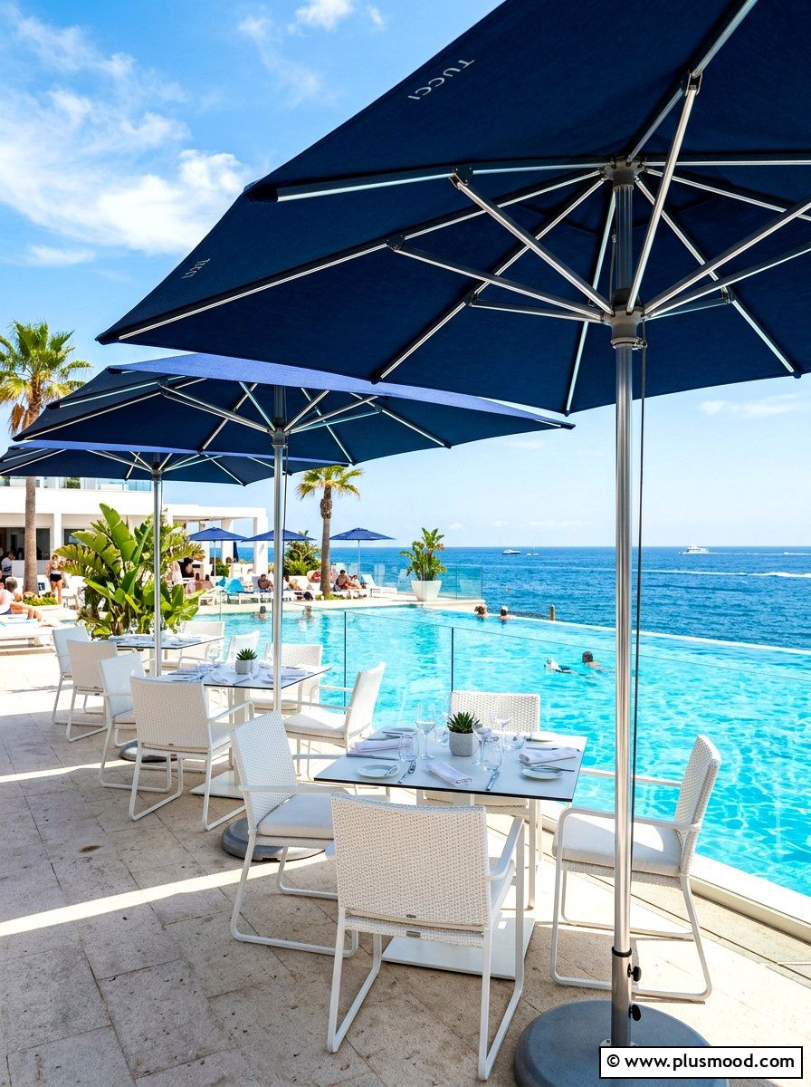 Navy blue patio umbrellas - 25 summer white and blue pool decor ideas