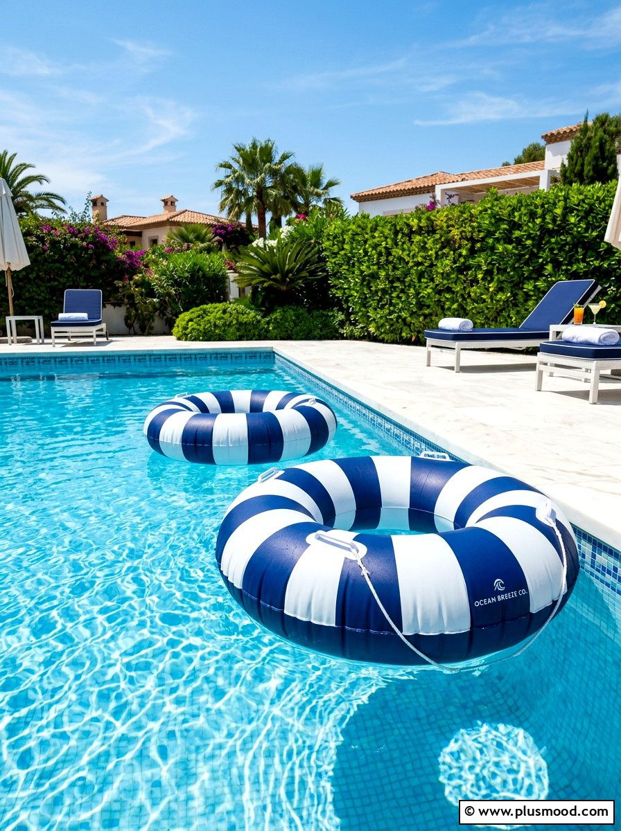 Navy blue striped pool floats - 25 summer white and blue pool decor ideas