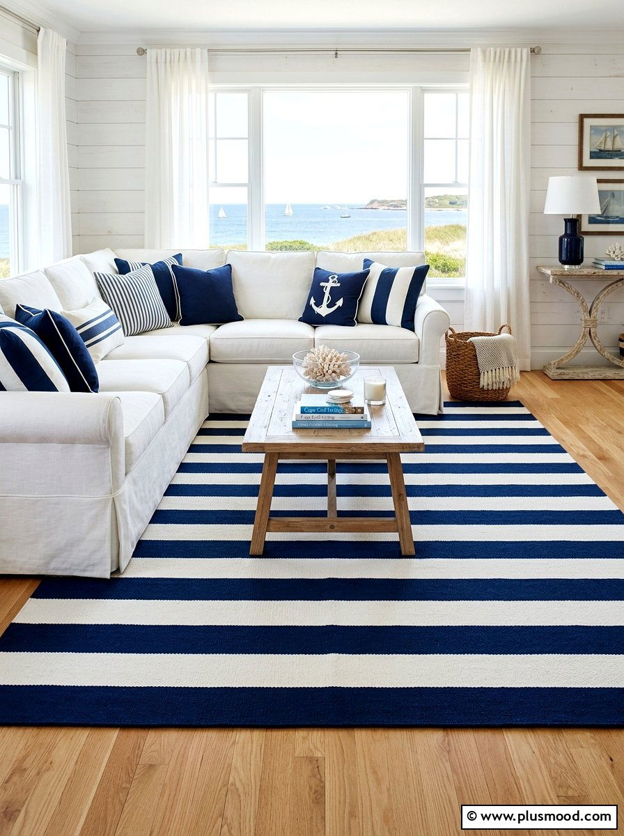 Navy striped area rug - 25 summer family room decor ideas