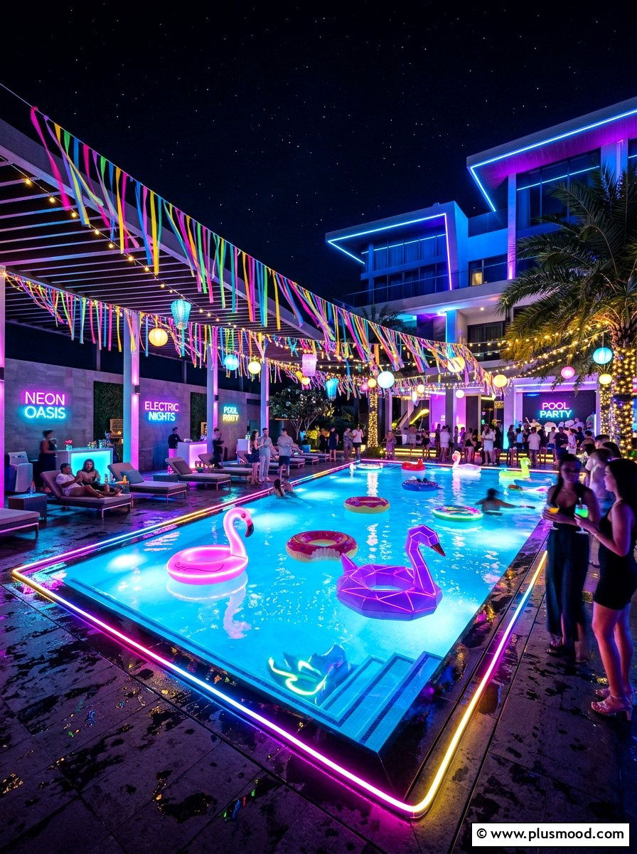 Neon Pool Party Setup - 25 summer pool party setup ideas