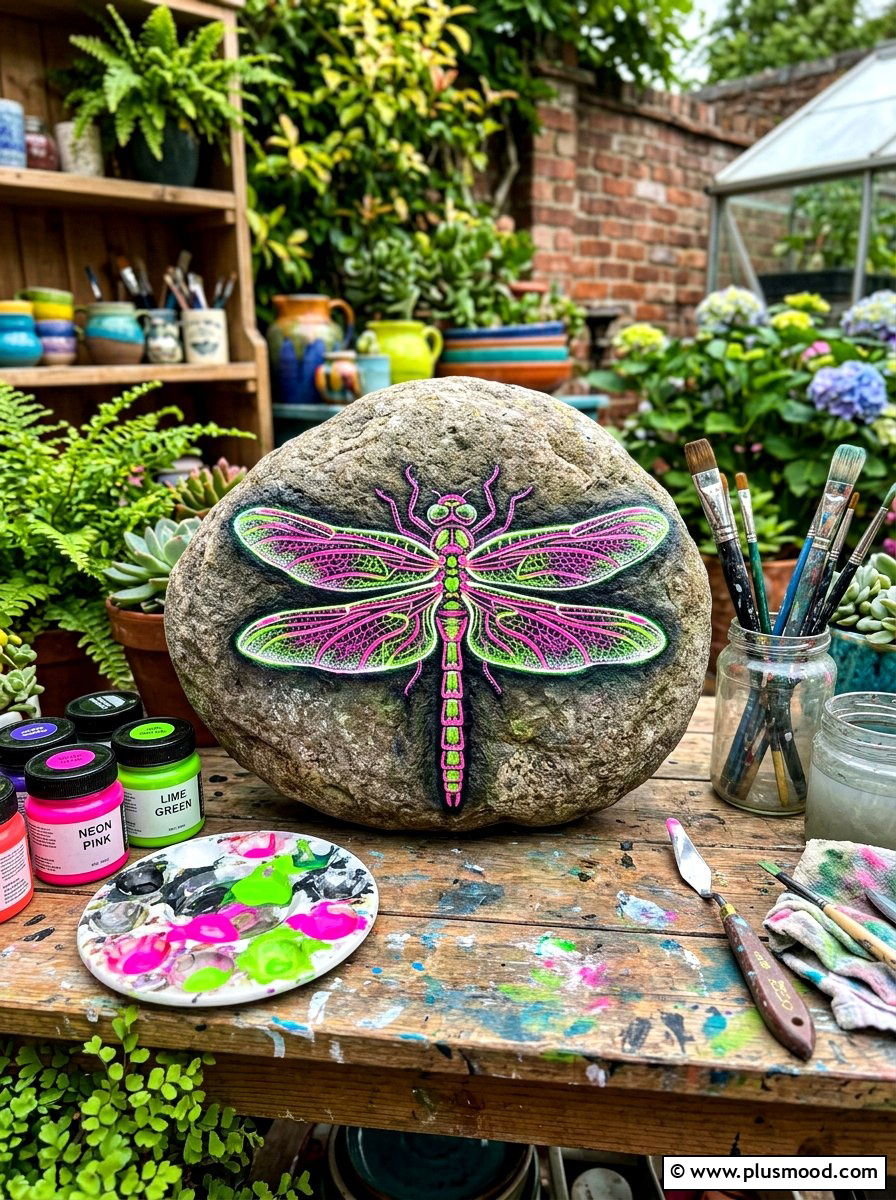 Neon dragonfly stone painting - 25 painted rock ideas with dragonflies