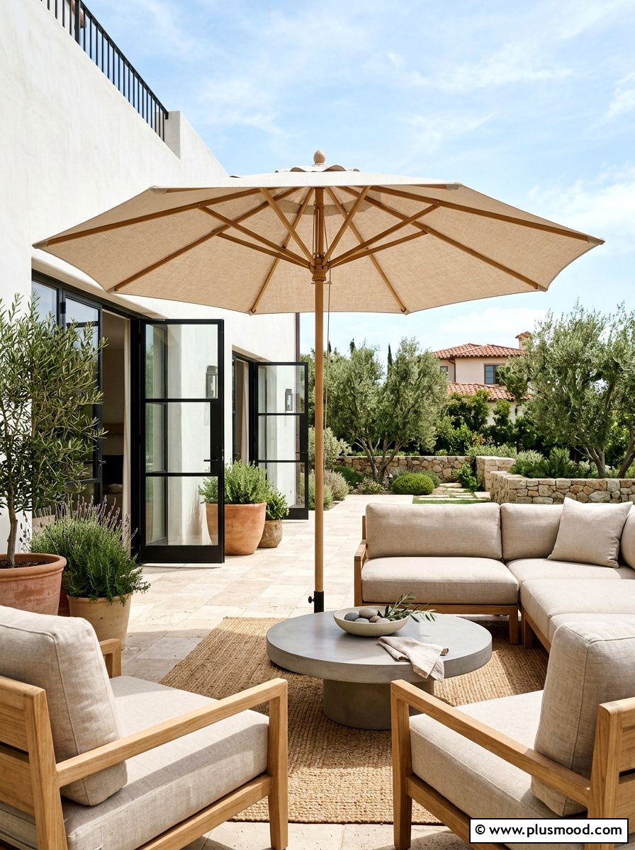 Neutral Linen Patio Umbrella - 25 summer patio umbrella ideas