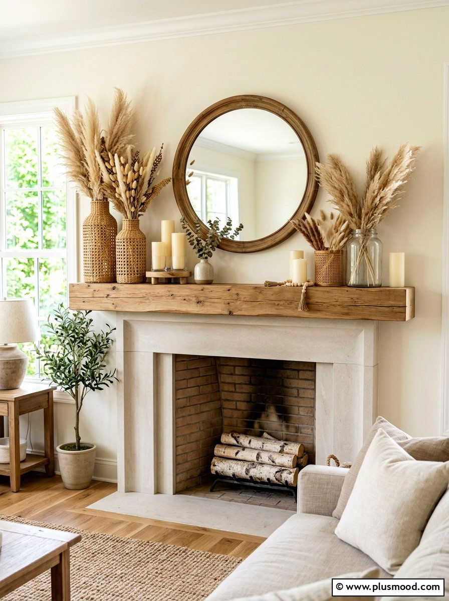 Neutral Summer Mantel - 25 summer mantel ideas for living room