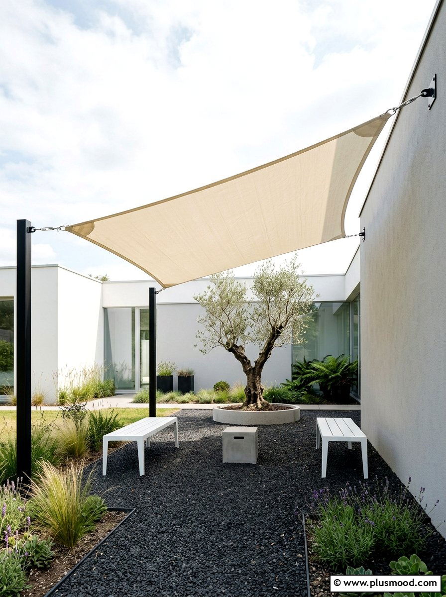 Neutral Tone Shade Sail For Minimalist Garden - 25 small backyard ideas with shade sail