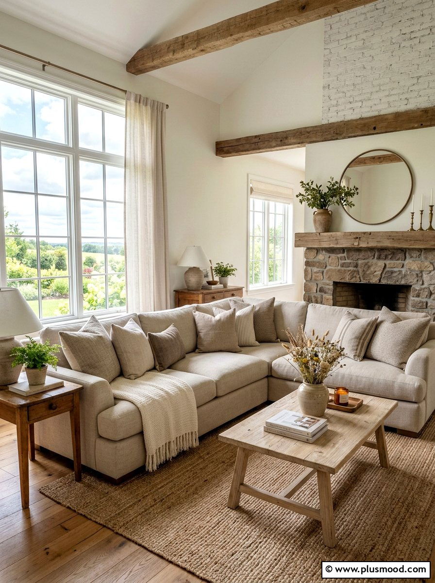 Neutral linen sofa pillows - 25 late summer farmhouse decor ideas