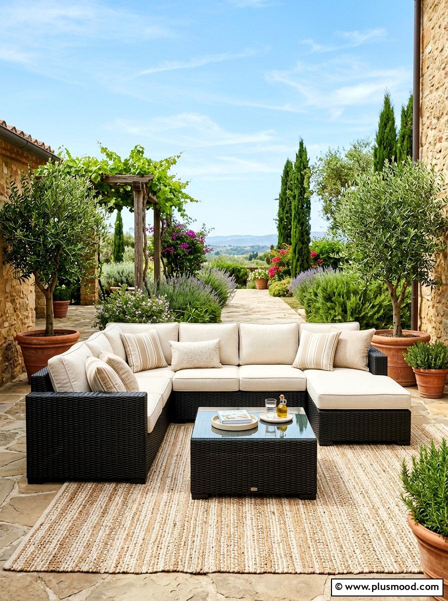Neutral outdoor cushion set - 25 summer farmhouse outdoor entertaining ideas