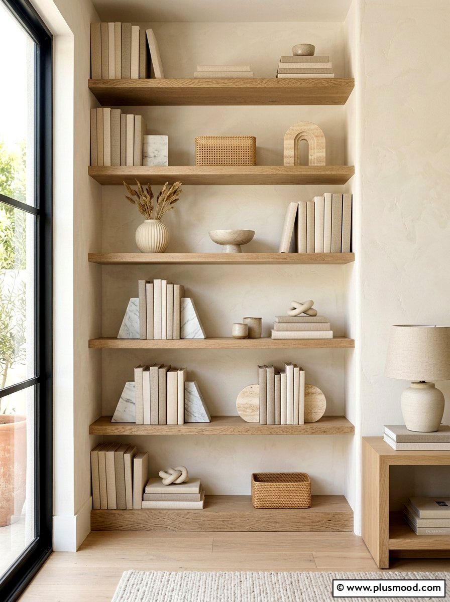 Neutral texture shelves - 25 summer shelf decor ideas