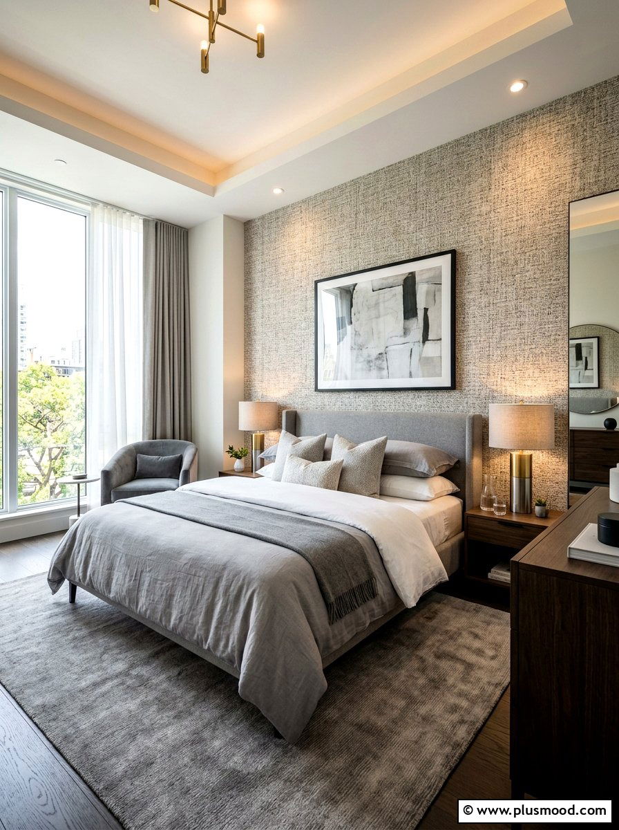Neutral textured wallpaper - 25 late summer bedroom decor ideas