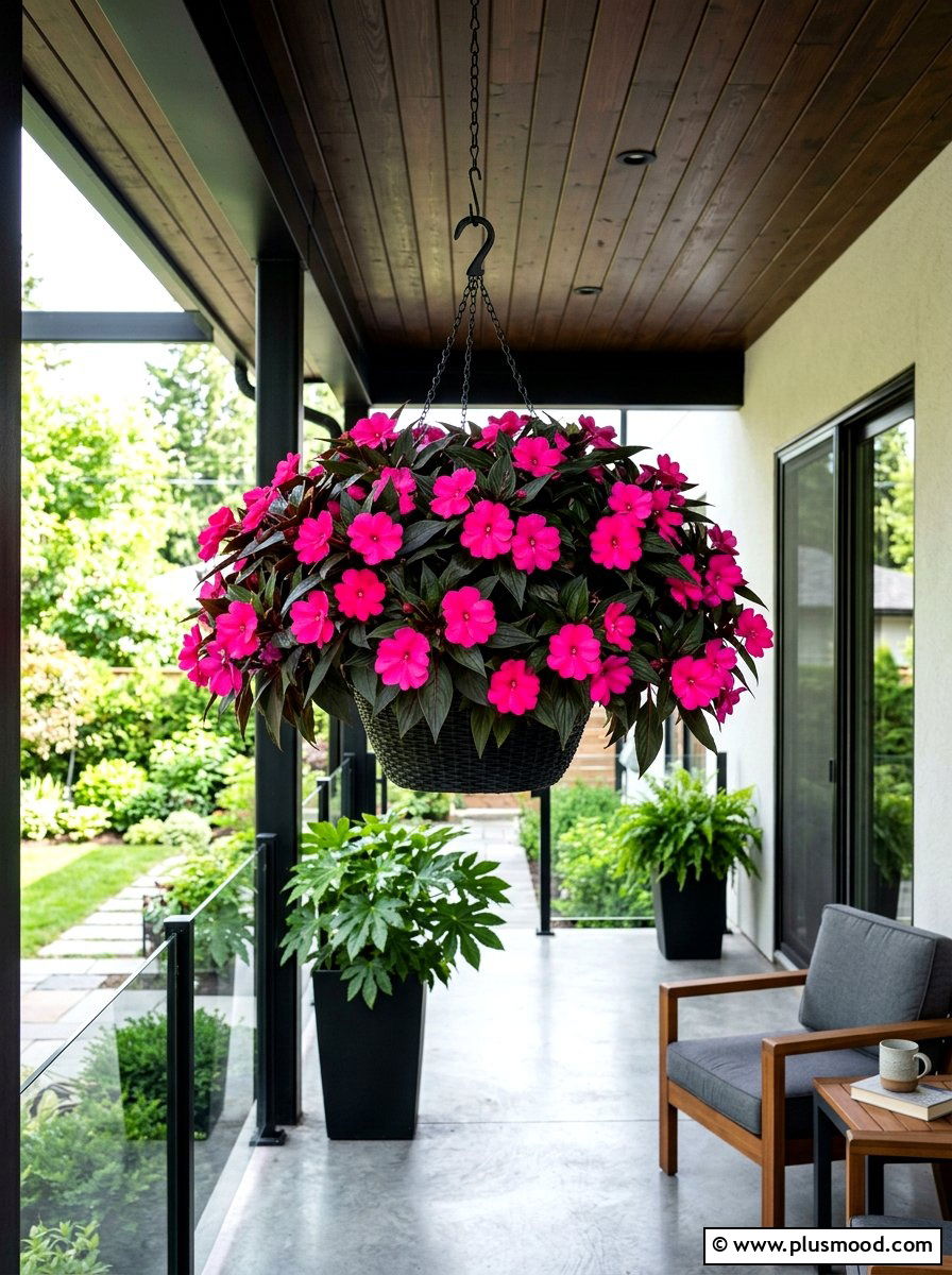 New Guinea impatiens hanging basket - 25 summer front porch decor ideas with hanging baskets