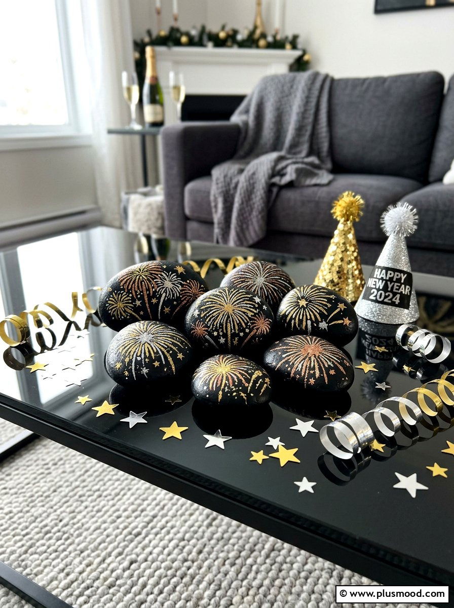 New Year firework rock - 25 painted rock ideas with holiday theme
