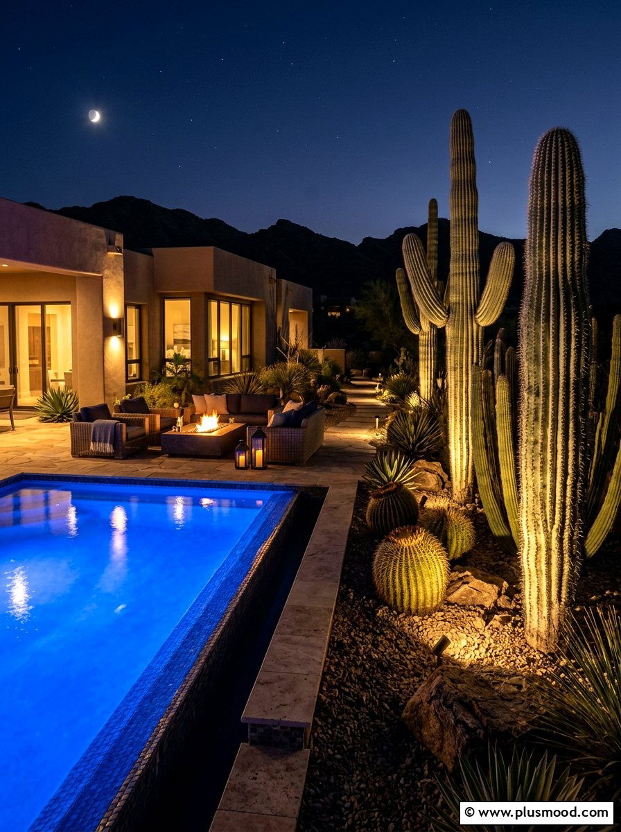 Night lighting for pool cactus - 25 pool landscaping ideas with cactus garden