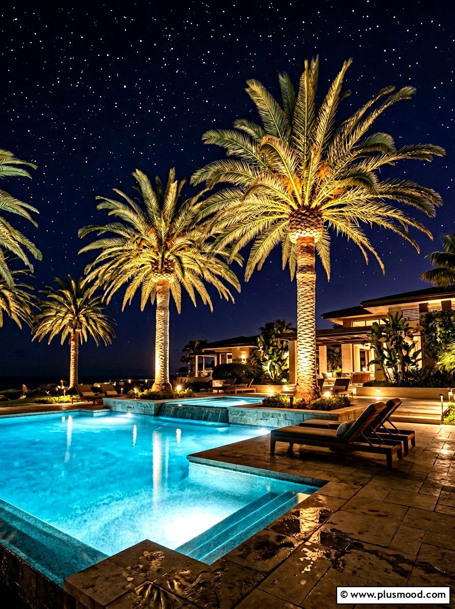 Night lighting for pool palms - 25 summer pool landscaping ideas with palms