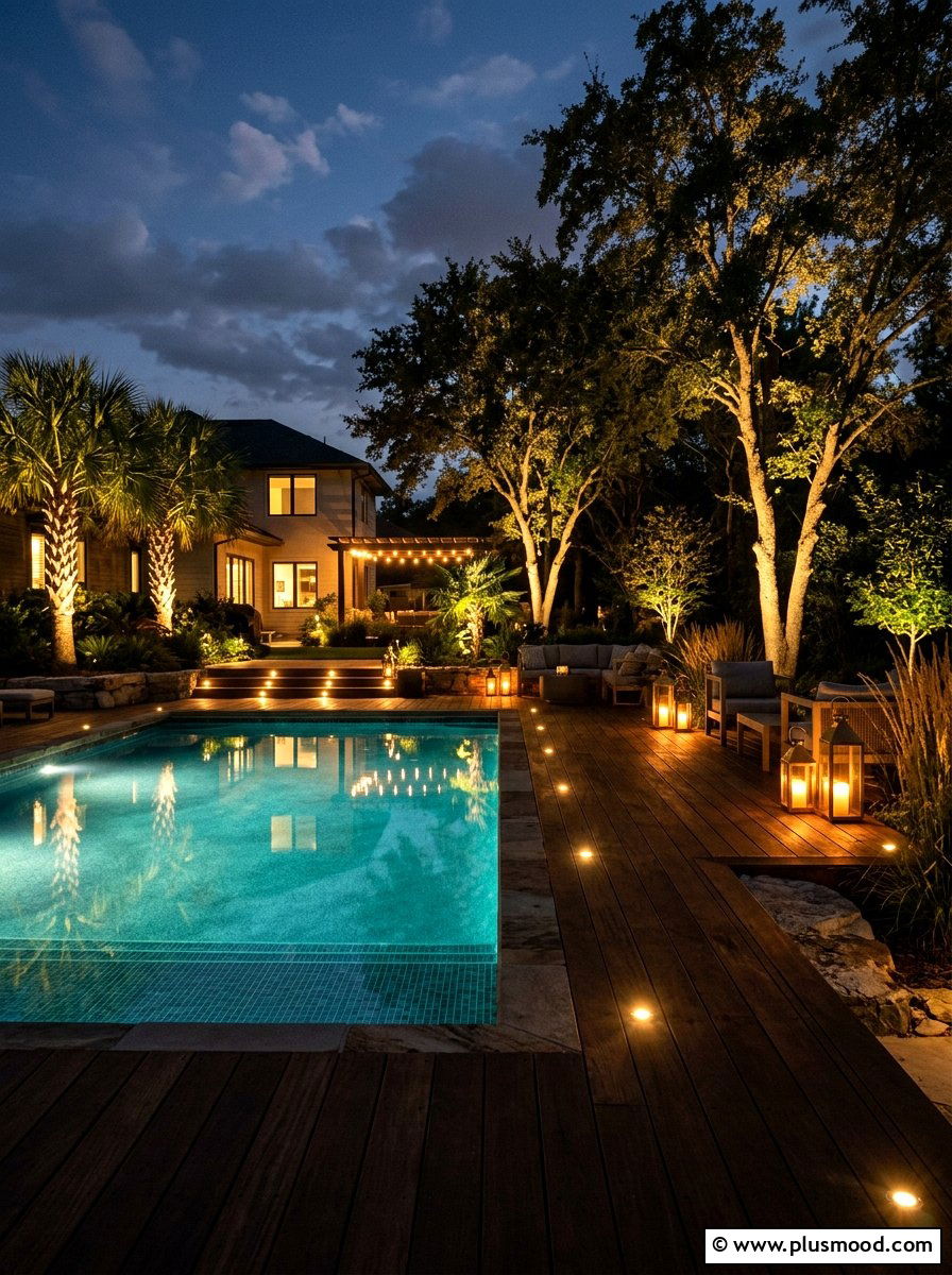 Night lighting for wood pool deck and landscaping - 25 pool landscaping ideas with wooden deck