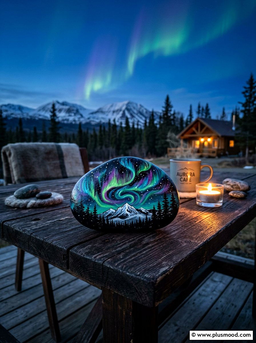 Northern Lights Rock Painting - 25 painted rock ideas for winter scene