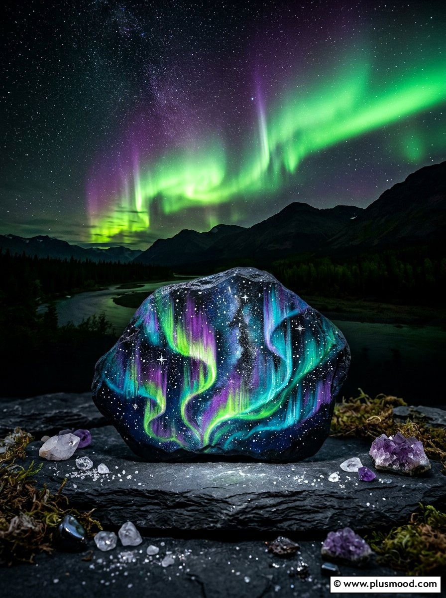 Northern Lights Sky - 25 painted rock ideas with landscapes