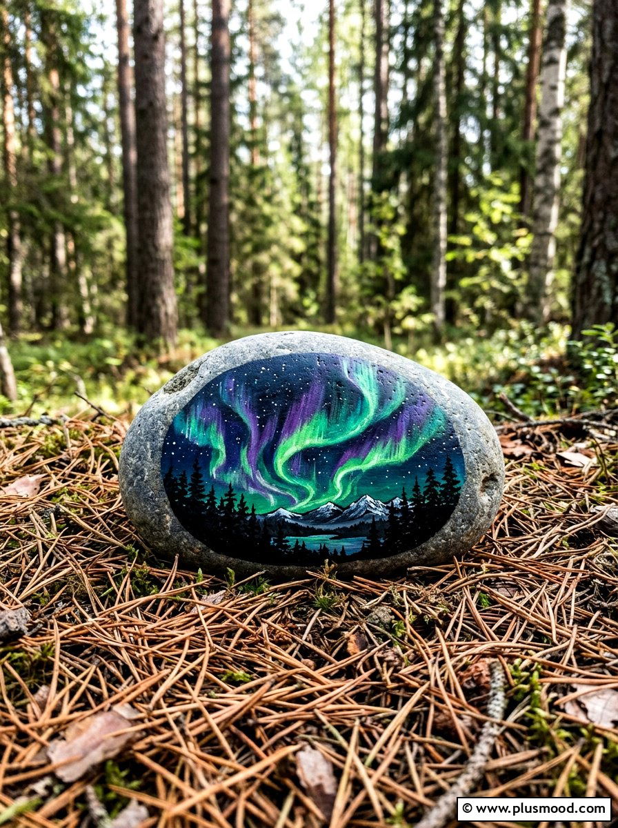 Northern lights rock painting - 25 painted rock ideas with galaxy design