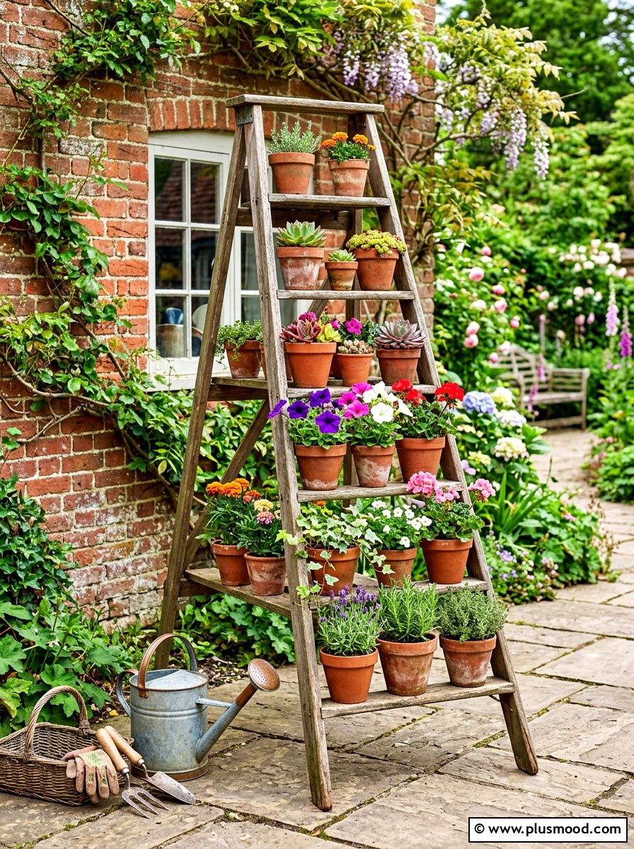 Old Ladder Plant Display - 25 summer backyard ideas on a budget