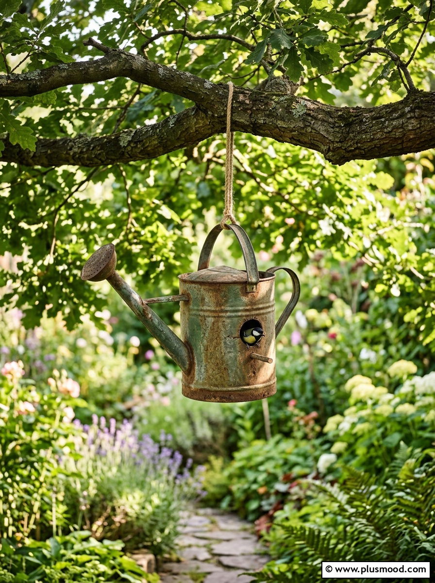 Old watering can birdhouse - 25 outdoor garden decor ideas with watering cans