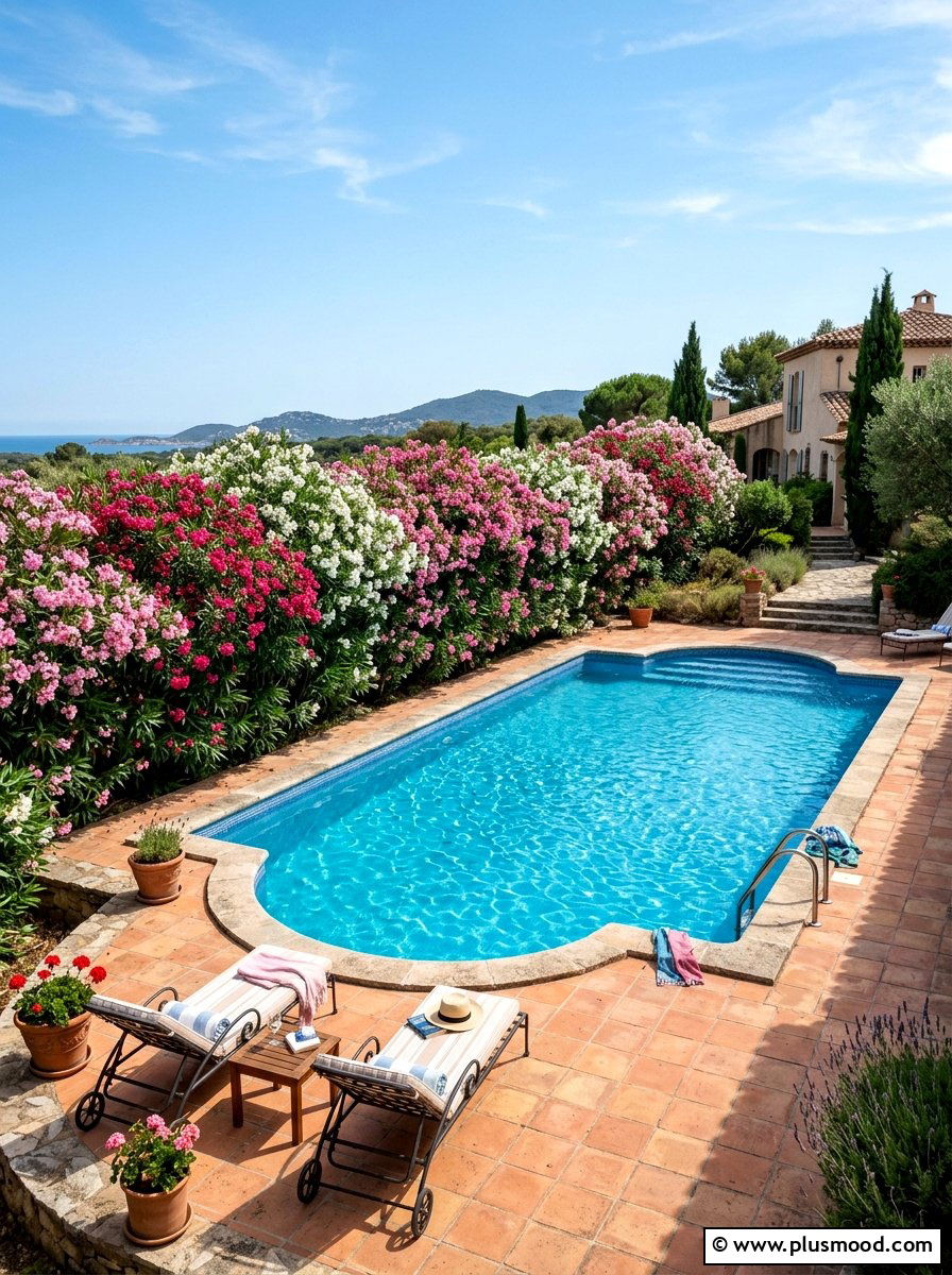 Oleander pool privacy hedge - 25 pool landscaping ideas with hedge border