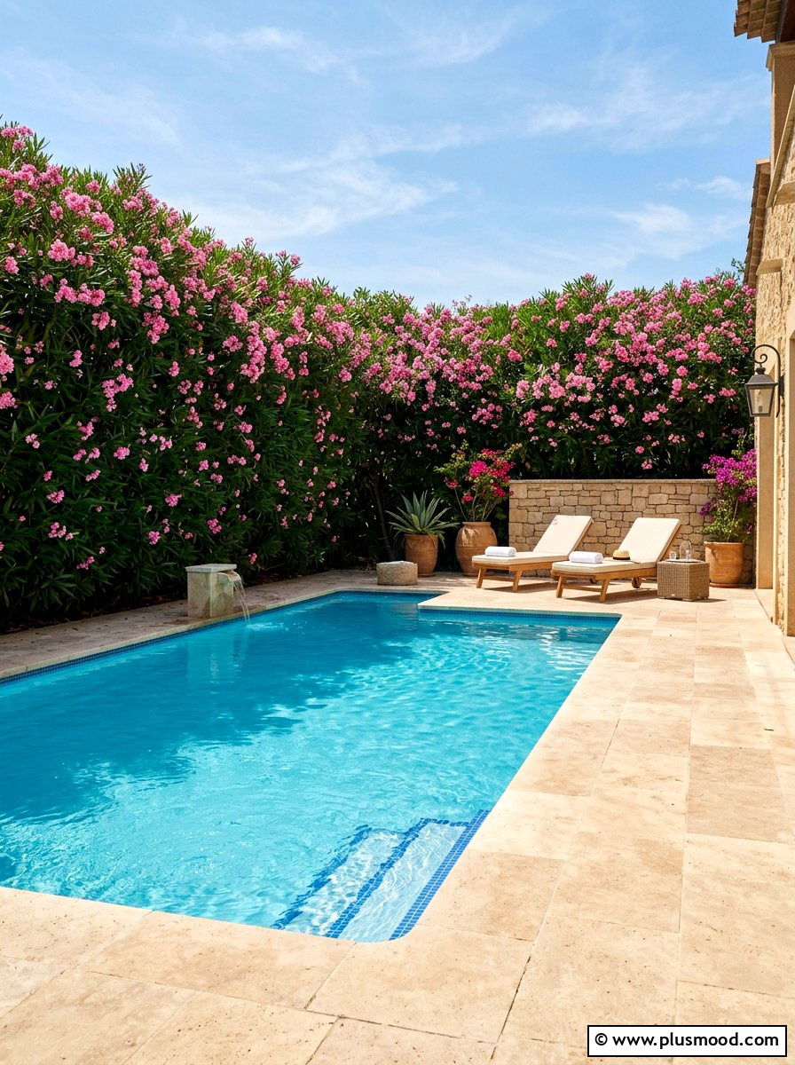 Oleander privacy barrier - 25 pool landscaping ideas with shrubs
