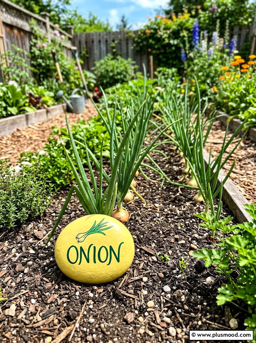 Onion Garden Stone - 25 painted rock ideas for plant markers