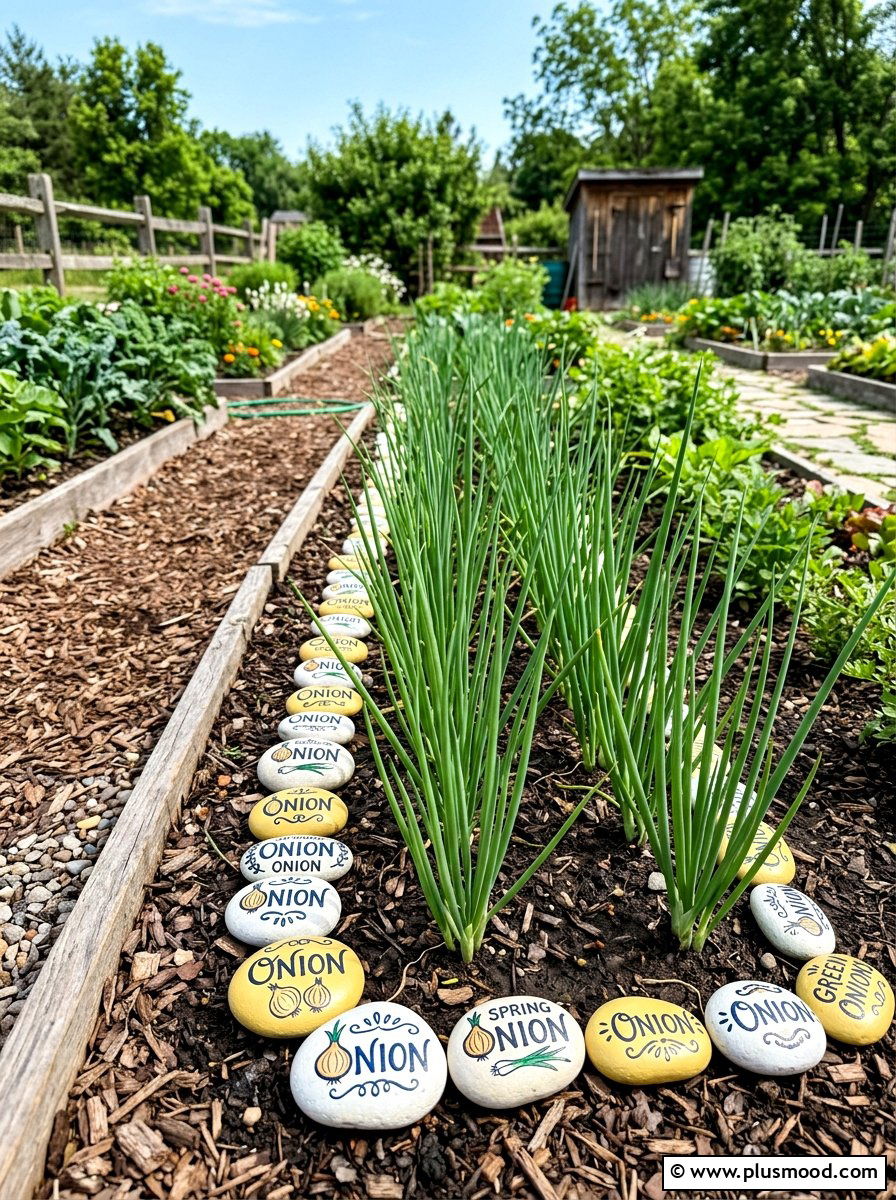 Onion garden stones - 25 painted rock ideas with vegetable garden labels