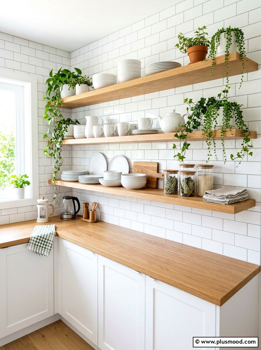 Open Kitchen Shelving Display - 25 summer kitchen decor ideas on a budget