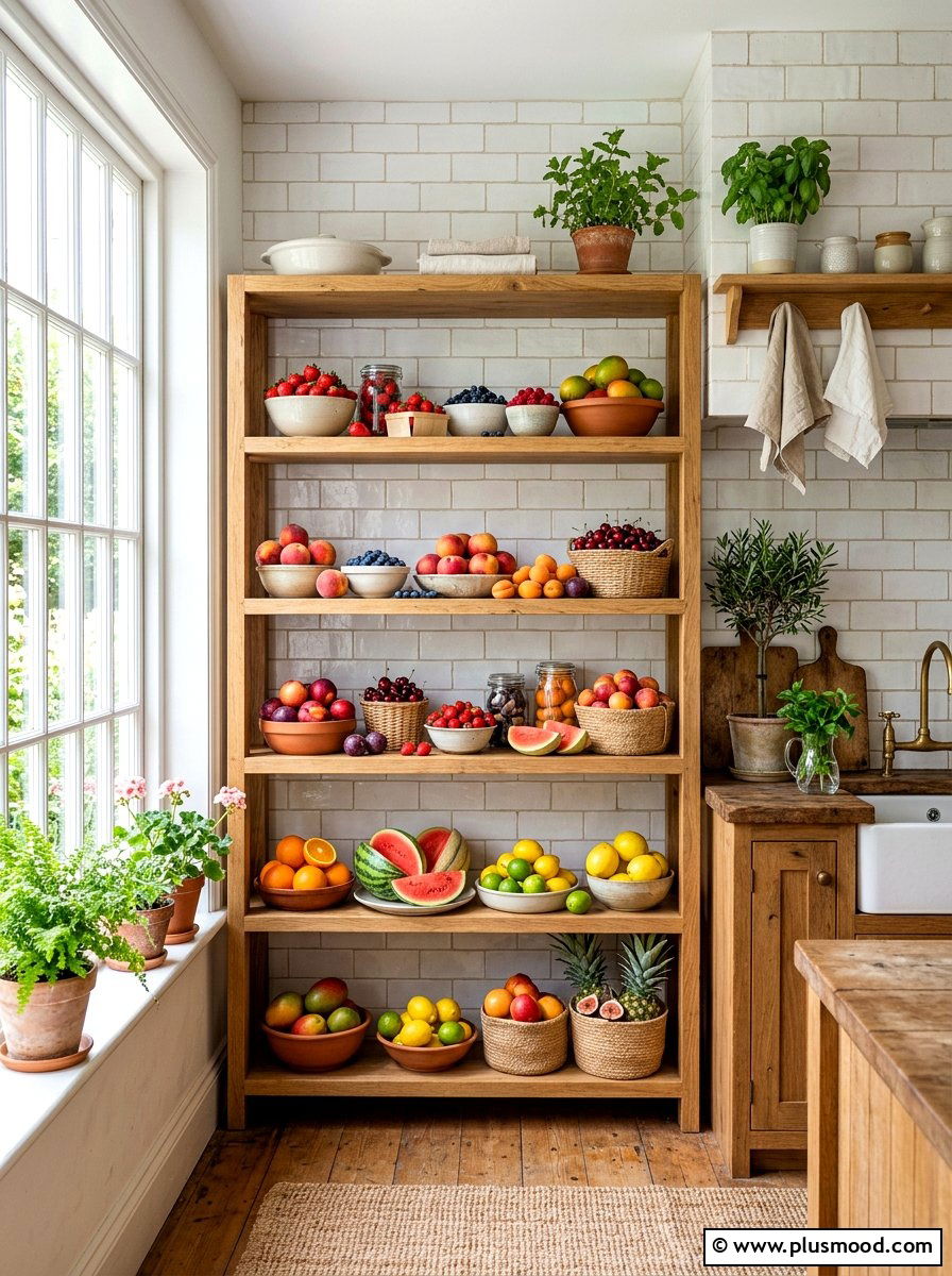 Open Shelving Fruit Display - 25 summer kitchen organization ideas