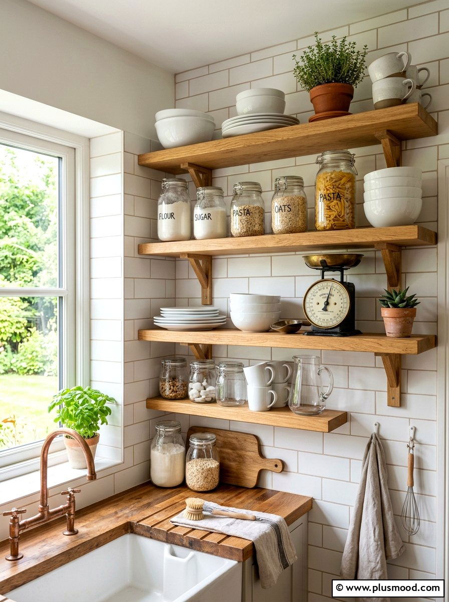 Open Shelving Kitchen Display - 25 summer farmhouse decor ideas