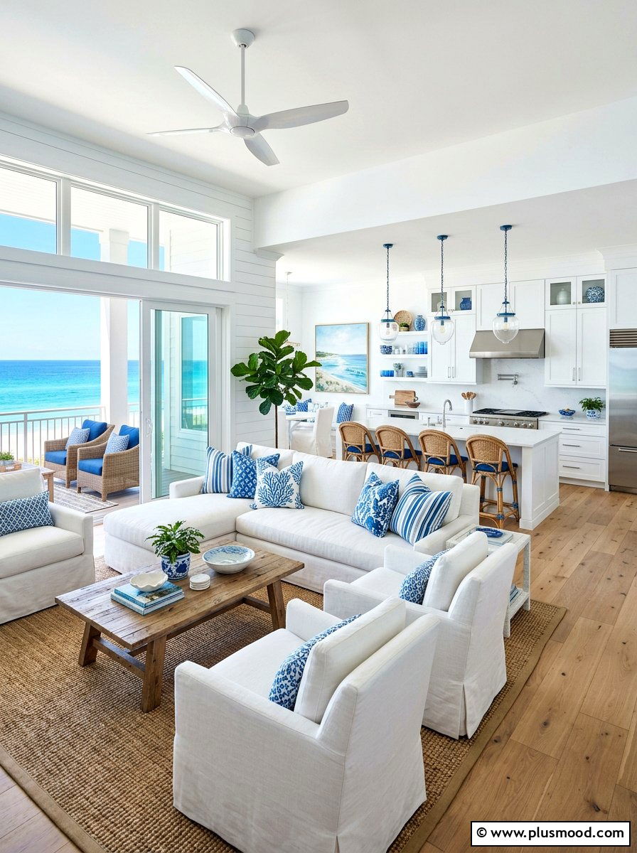 Open concept coastal living room - 25 beachy summer living room ideas