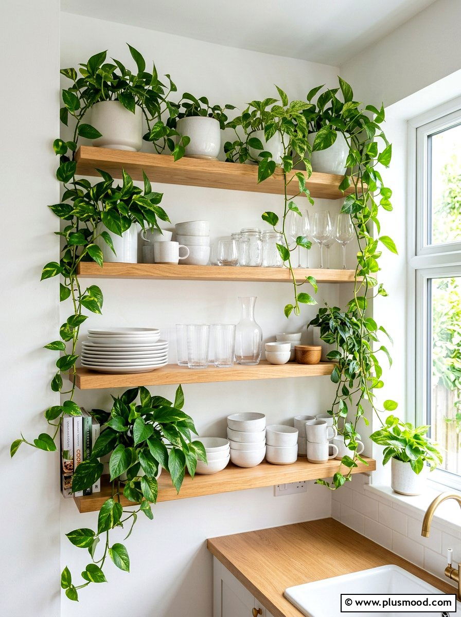 Open shelf greenery - 25 fresh summer kitchen decor ideas