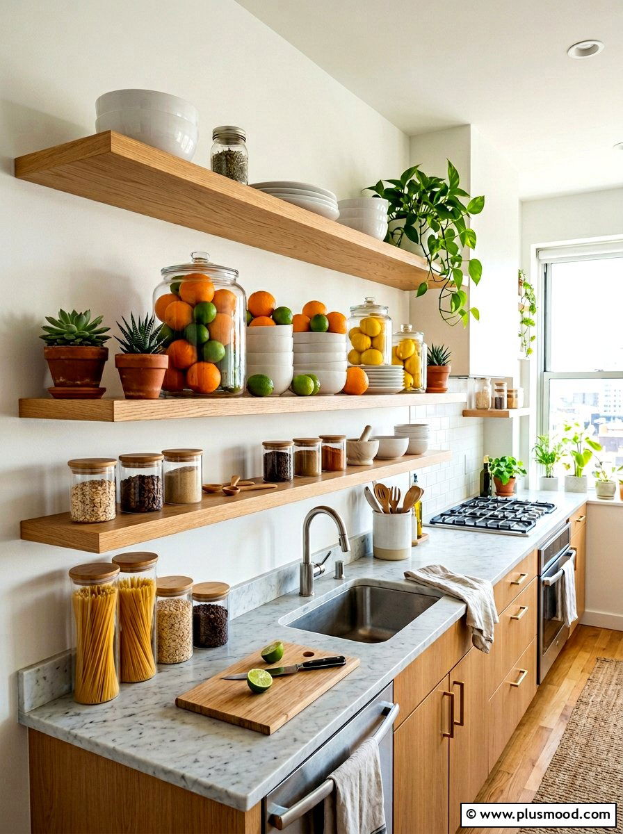 Open shelving citrus display - 25 summer kitchen decor ideas for apartments