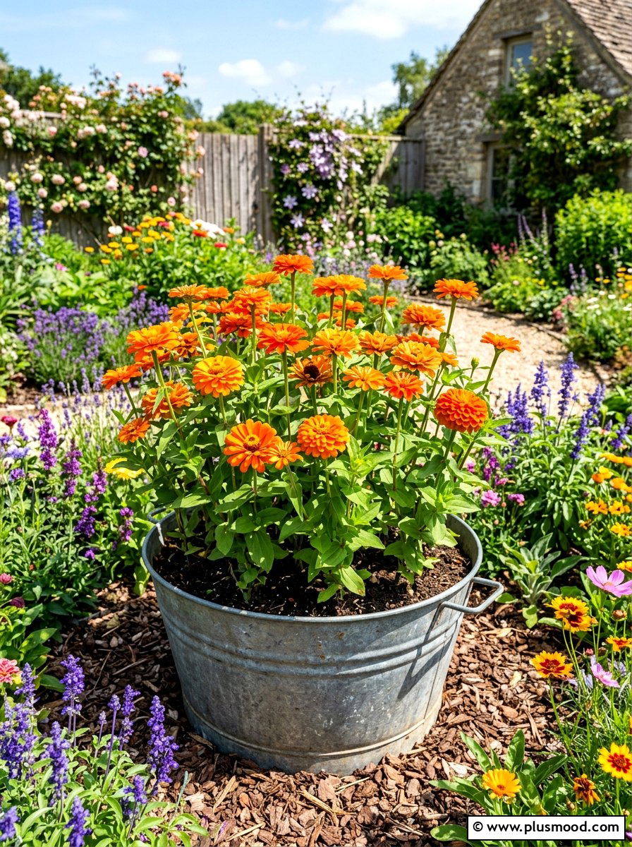 Orange Zinnia Flower Tub - 25 summer container flower ideas