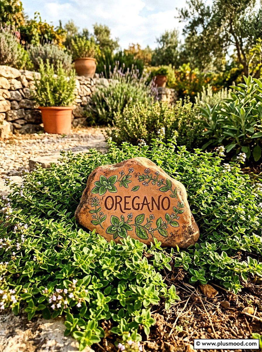 Oregano Herb Stone - 25 painted rock ideas for plant markers