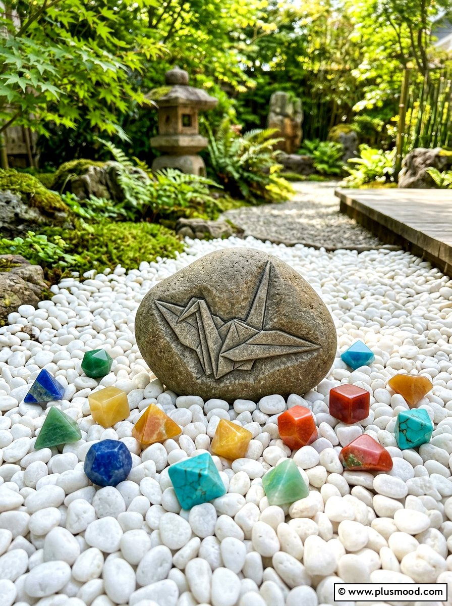 Origami crane stone - 25 painted rock ideas for Japanese garden