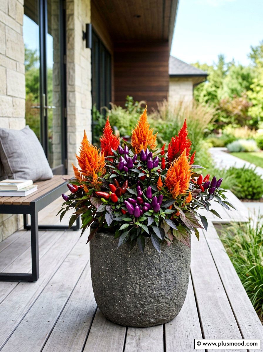 Ornamental Pepper And Celosia Mix - 25 summer flower pot arrangement ideas for front porch