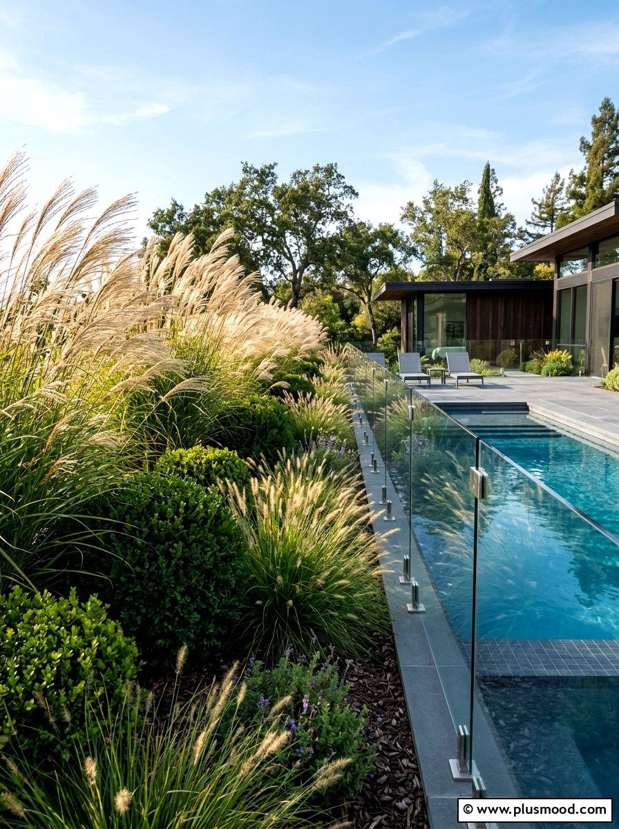 Ornamental grass and shrub mix - 25 pool landscaping ideas with shrubs