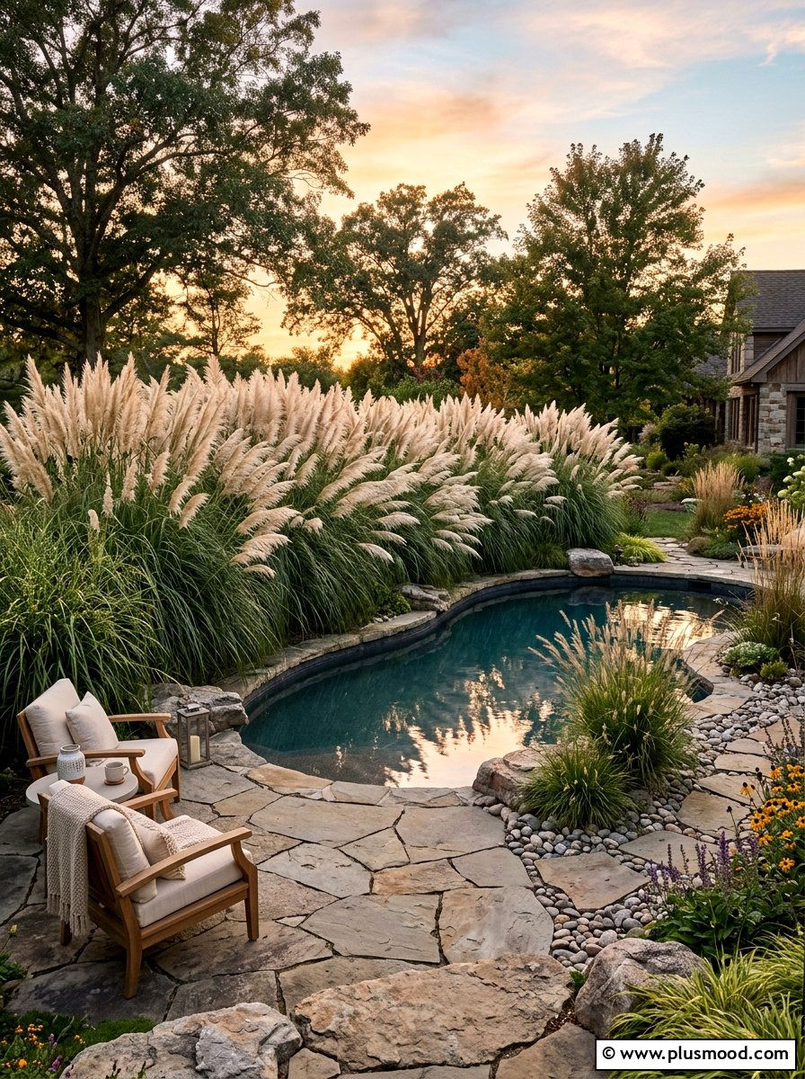 Ornamental grass border - 25 pool landscaping ideas for privacy screen