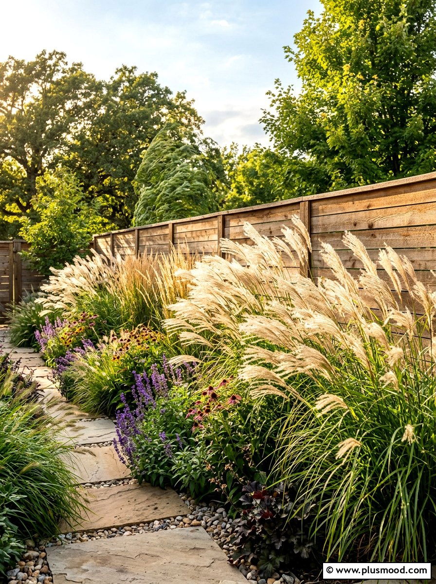 Ornamental grass border - 25 summer full sun garden ideas